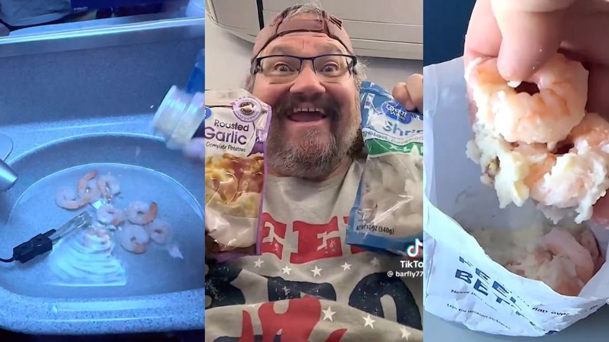 Screenshots of TikToker @barfly7777 cooking "mile high bathroom garlic shrimp and mash"