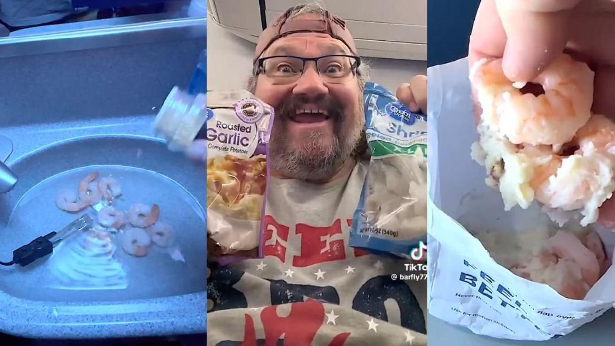 Screenshots of TikToker @barfly7777 cooking "mile high bathroom garlic shrimp and mash"