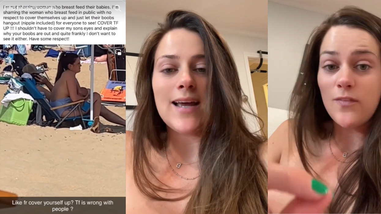 Screenshots of TikToker responding to being anonymously recorded for breastfeeding her baby in public