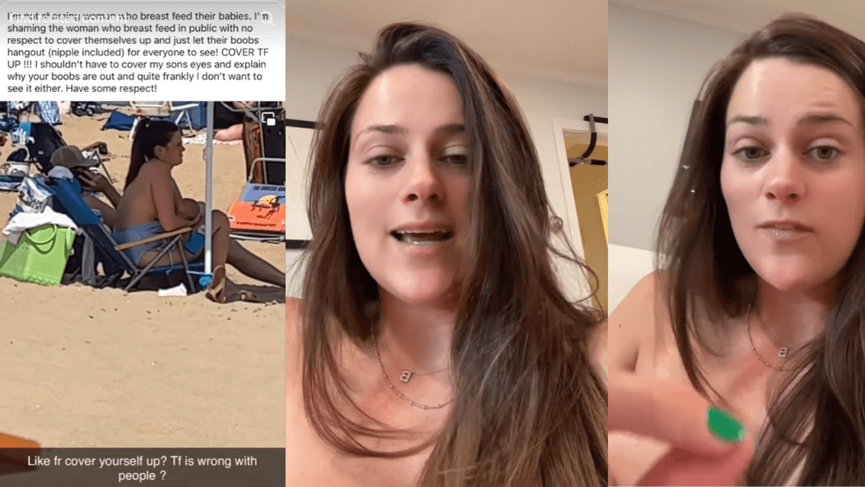 Screenshots of TikToker responding to being anonymously recorded for breastfeeding her baby in public