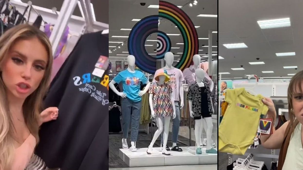 Screenshots of two women holding up Pride-themed Target apparel.
