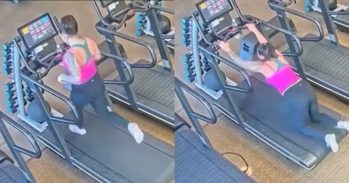screenshots of video of Alyssa Konkel's treadmill mishap
