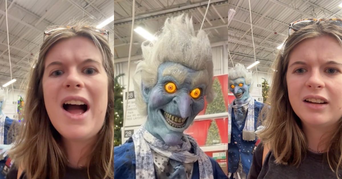 Screenshots of woman at Home Depot with scary Jack Frost animatronic