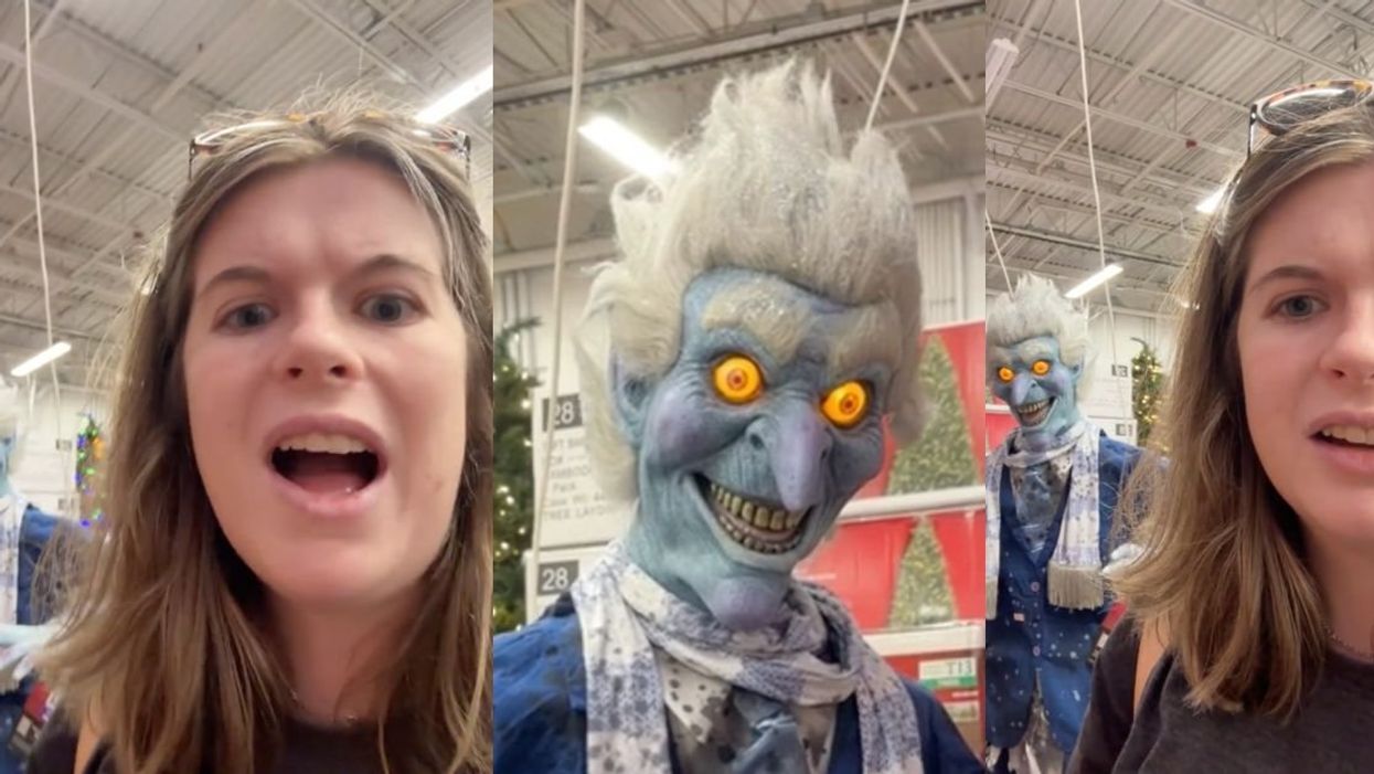 Screenshots of woman at Home Depot with scary Jack Frost animatronic