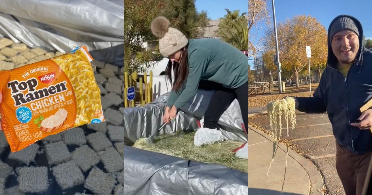 Screenshots of woman making ginormous bowl of instant ramen using her truck.