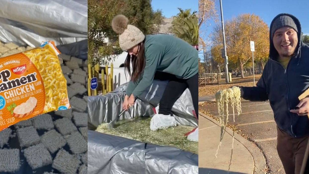 Screenshots of woman making ginormous bowl of instant ramen using her truck.