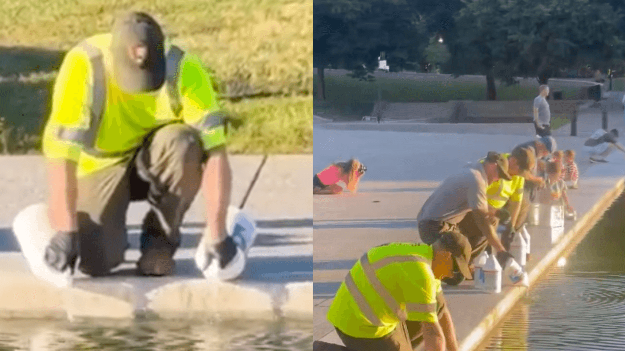 Screenshots of workers pouring hydrogen peroxide into the Reflecting Pool
