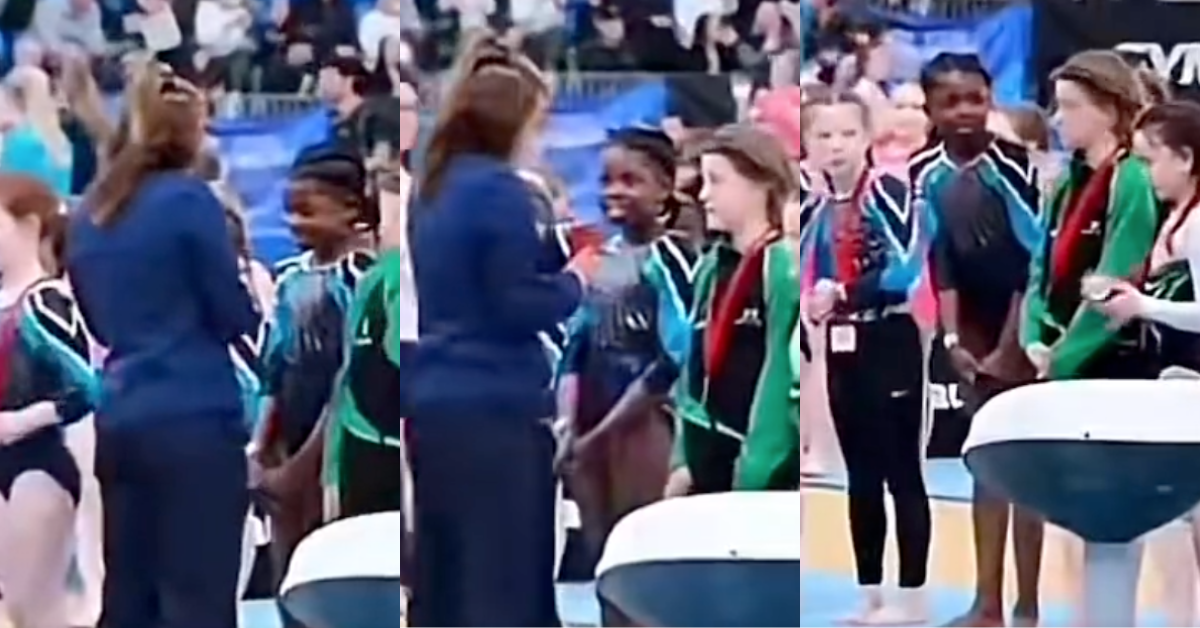 Screenshots of young Black gymnast being skipped at medal ceremony