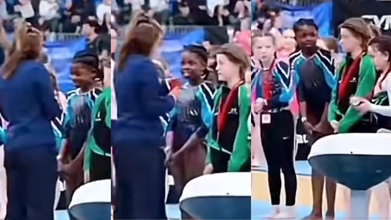 Screenshots of young Black gymnast being skipped at medal ceremony
