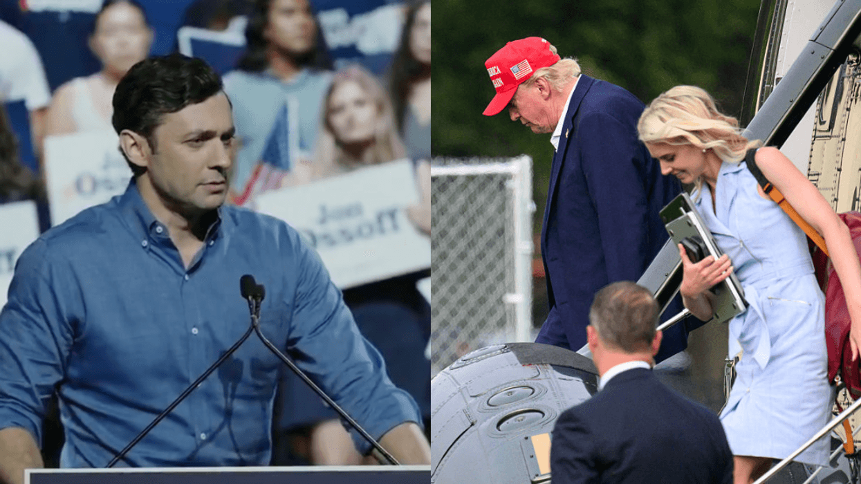 Scrreenshot of Jon Ossoff; Donald Trump and Natalie Harp