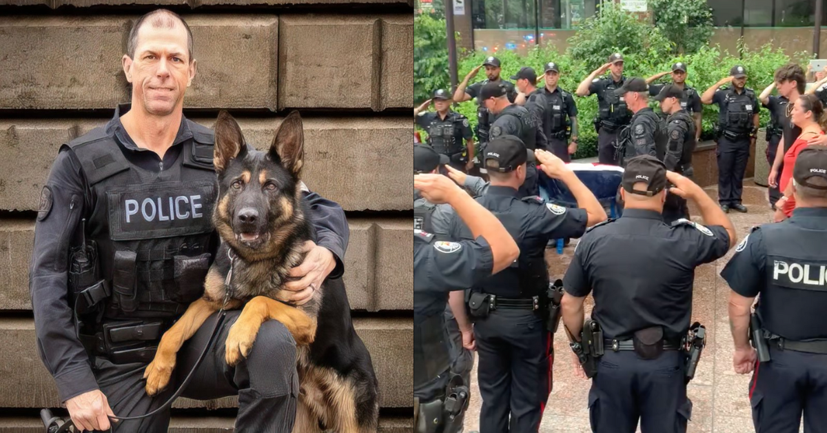 Sergeant Brandon Smith and Bingo; Twitter screenshot of Bingo's funeral procession