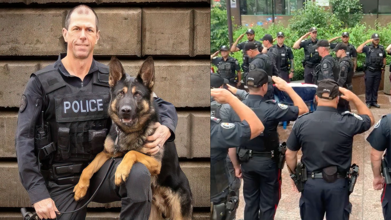 Sergeant Brandon Smith and Bingo; Twitter screenshot of Bingo's funeral procession