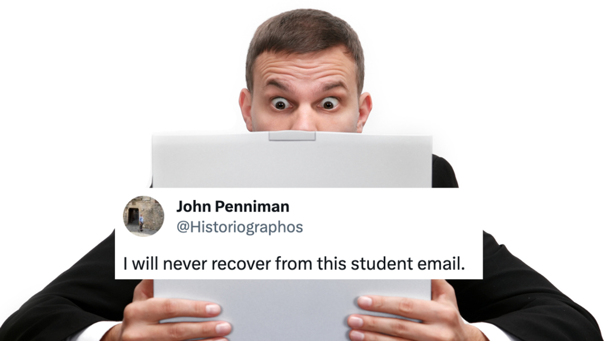 Shocked man looking at computer screen; tweet from @Historiographos