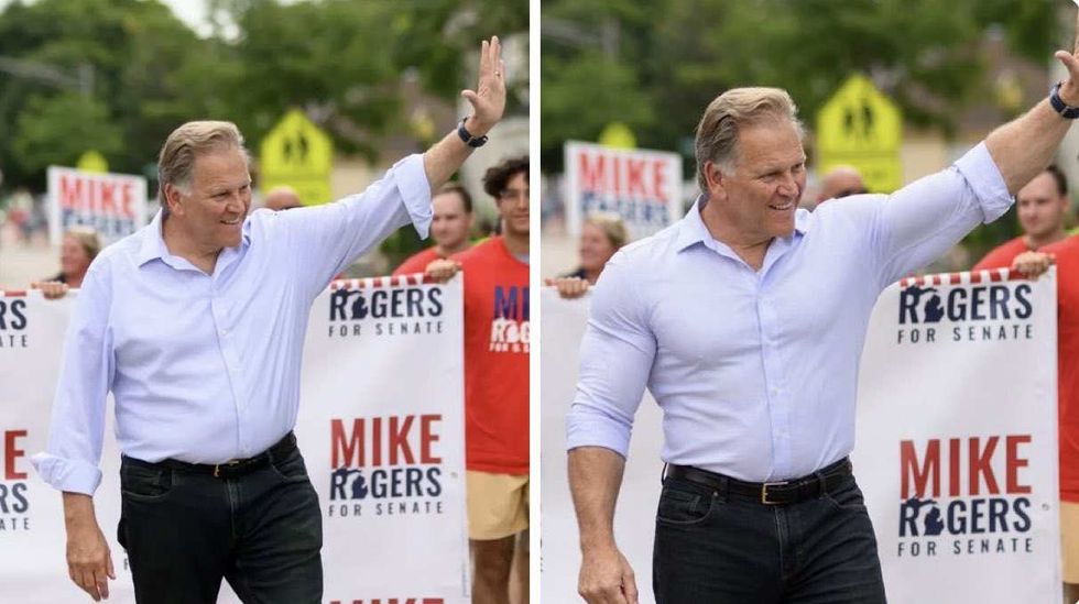 Side-by-side images of Mike Rogers, one of them AI-enhanced to show him looking muscular