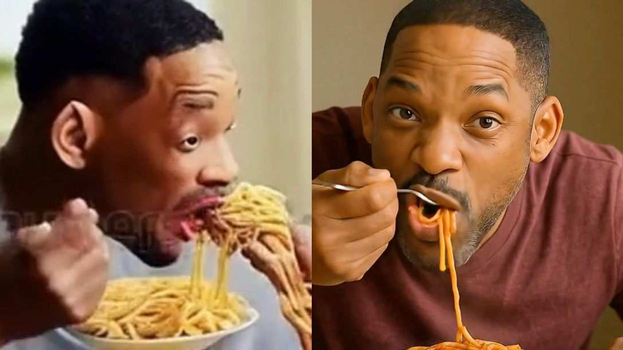Side-by-side images show how Will Smith’s original glitchy 2023 AI spaghetti clip has evolved into today’s far more realistic AI renderings.
