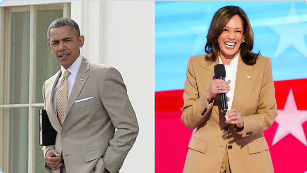 Side-by-side photos of Barack Obama and Kamala Harris wearing tan suits