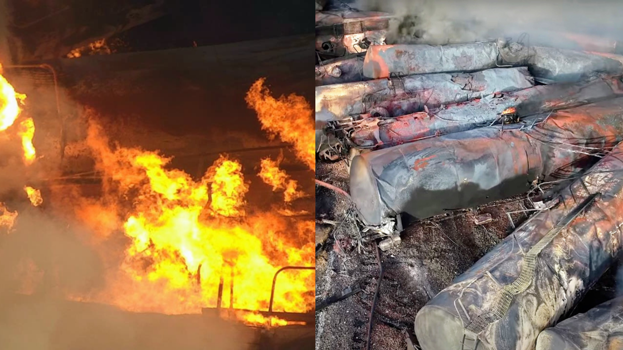 Smoke and flames and the aftermath of the train derailment in East Palestine, Ohio, United States on February 17, 2023.