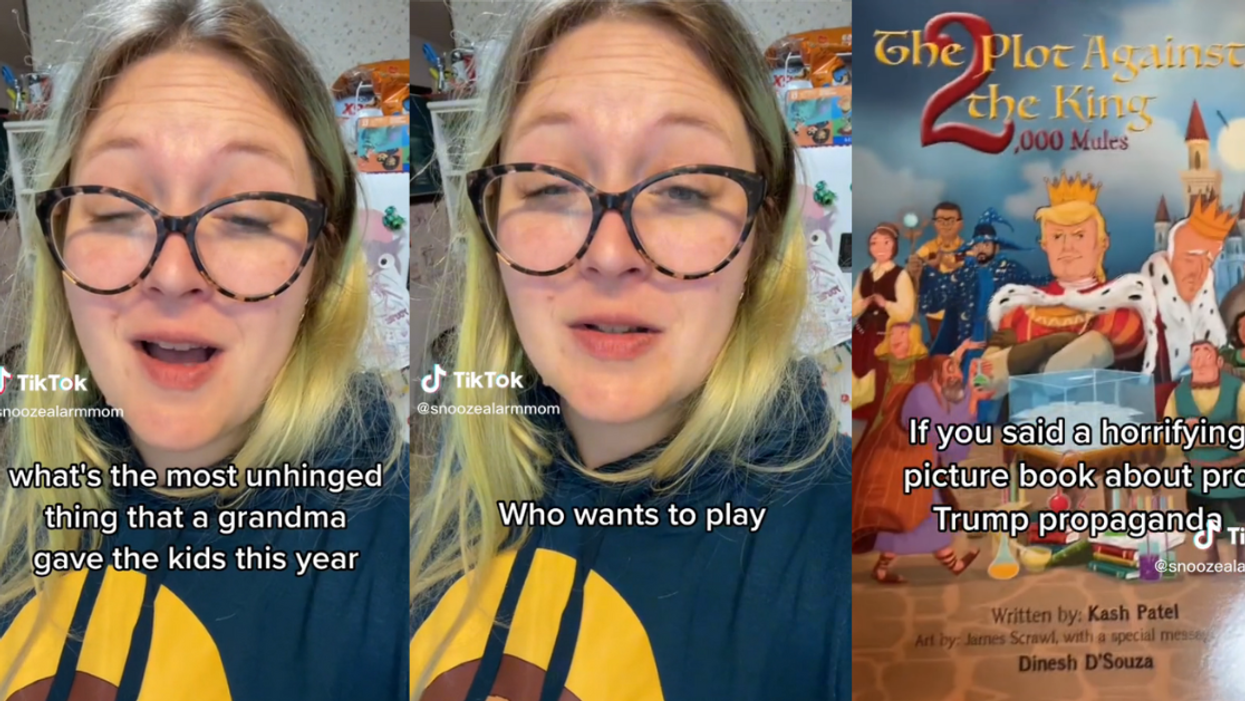SnoozeAlarmMom on TikTok sharing "the most unhinged thing that a grandma gave the kids this year"