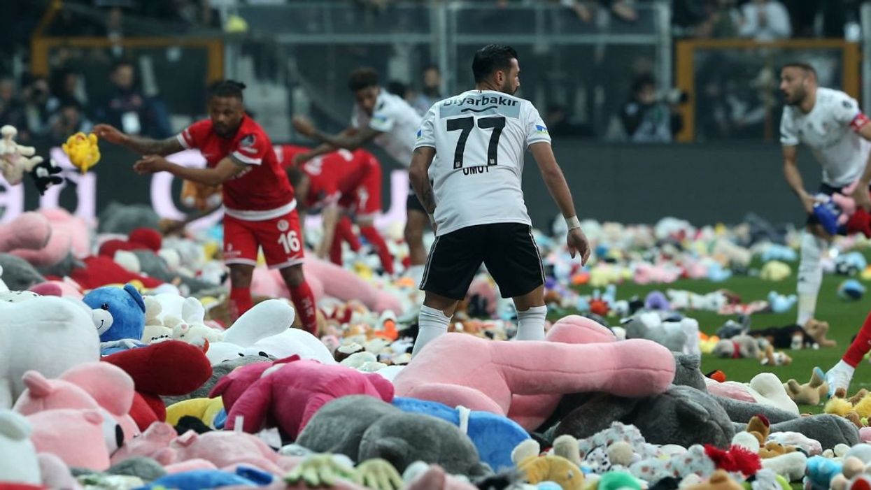 Soccer pitch strewn with thousands of plush animals