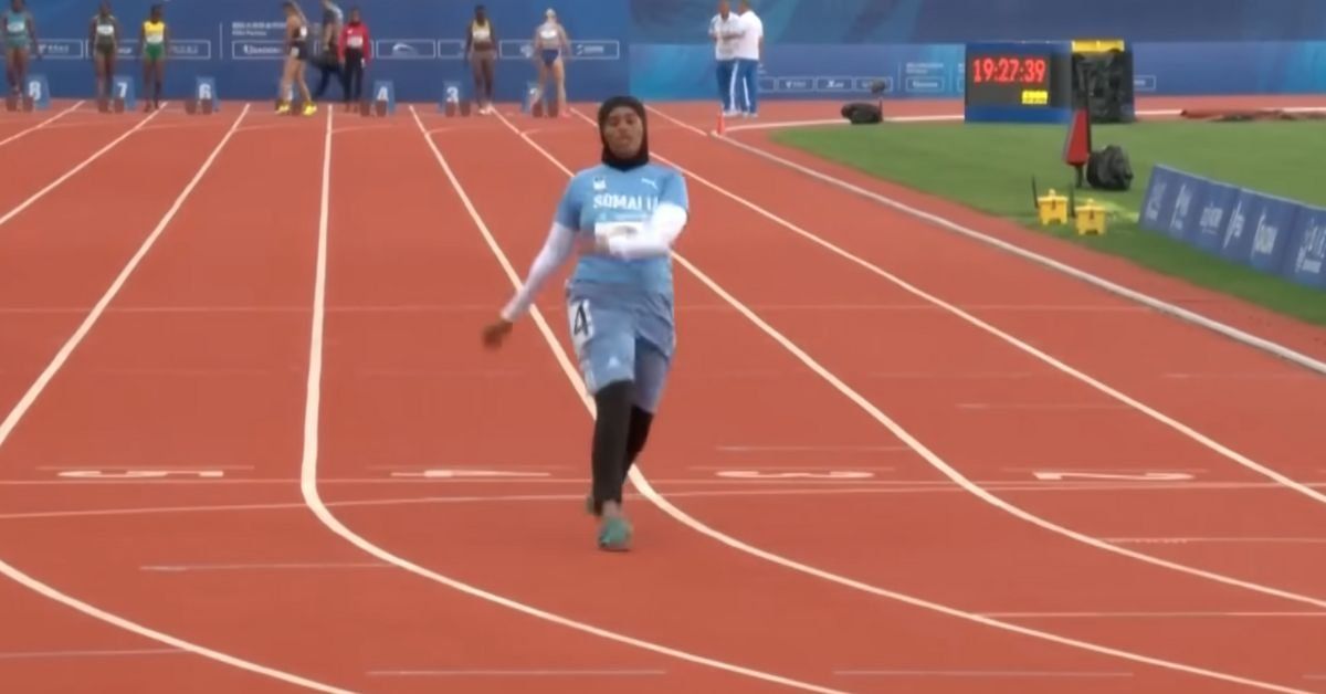 Somali Sprinter finishing last in 100-meter race