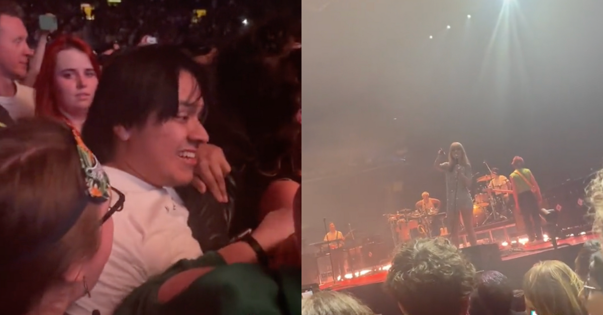 Split screen image of someone shoving their way through a concert crowd on the left and singer Hayley Williams of Paramore standing on stage and pointing at the person who was shoving on the right