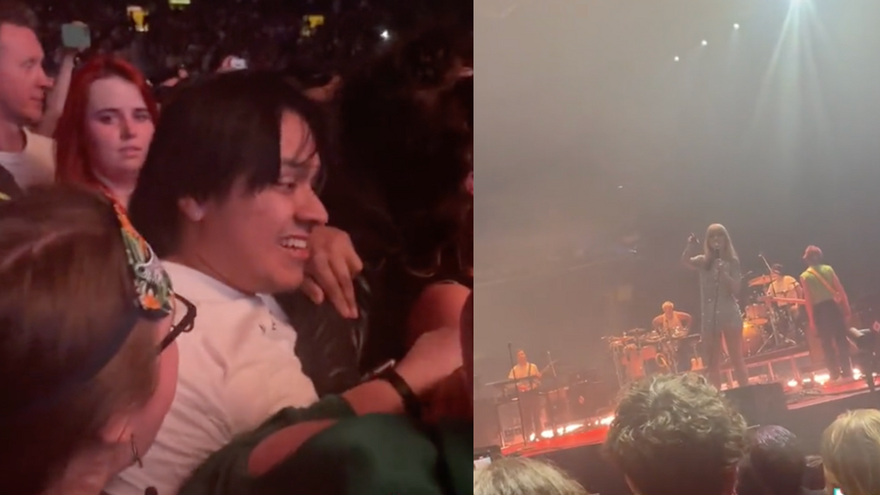 Split screen image of someone shoving their way through a concert crowd on the left and singer Hayley Williams of Paramore standing on stage and pointing at the person who was shoving on the right