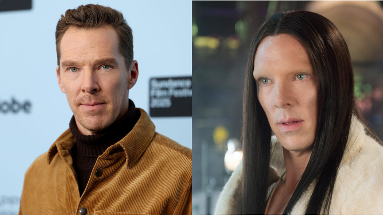 Split screen of a head shot of Benedict Cumberbatch and Benedict Cumberbatch as All in "Zoolander 2"