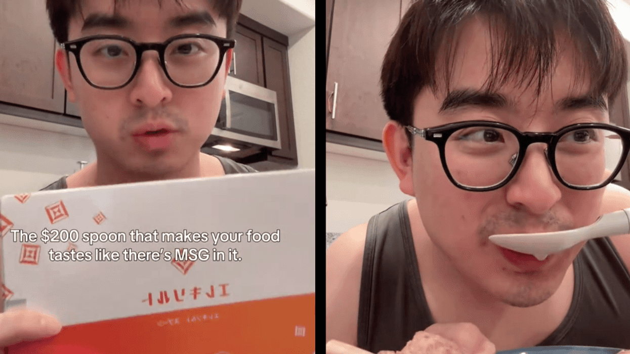 Split screen of a man holding a box with a text overlay in front; a man drinking soup from a spoon