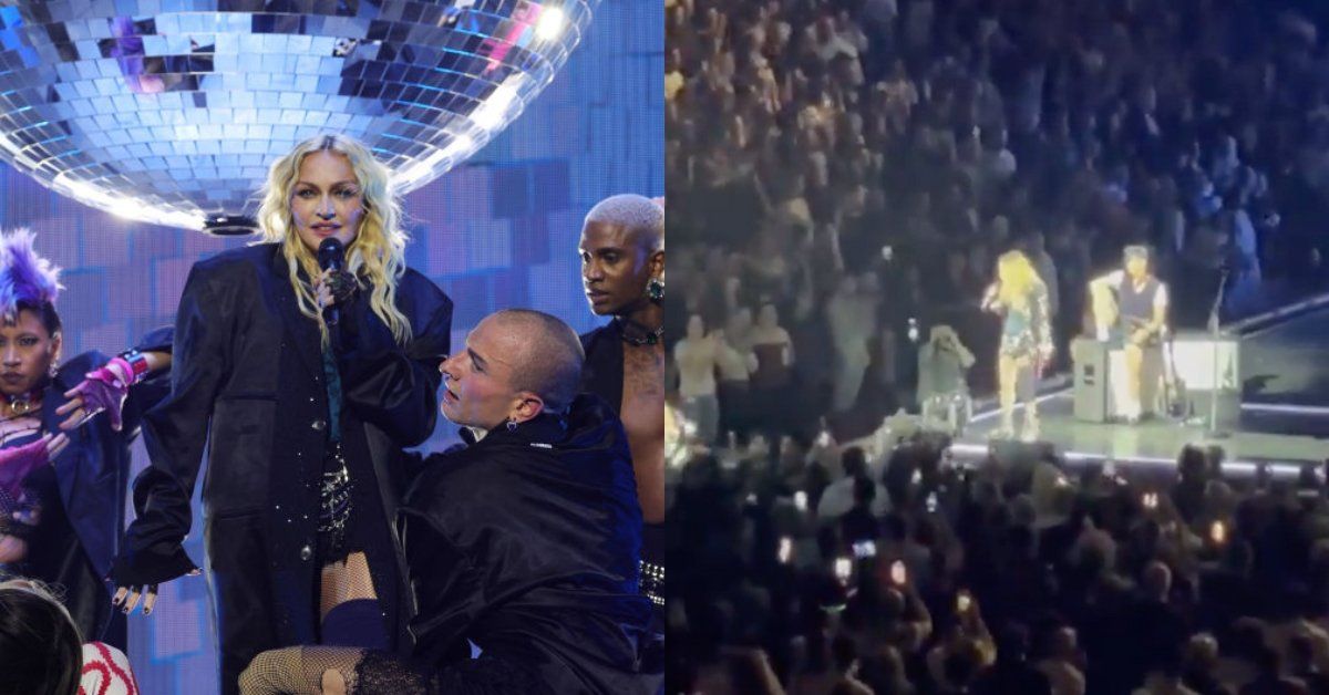 Split screen of a photo of a Madonna and her dancers and a screenshot of her calling out the fan from viral video