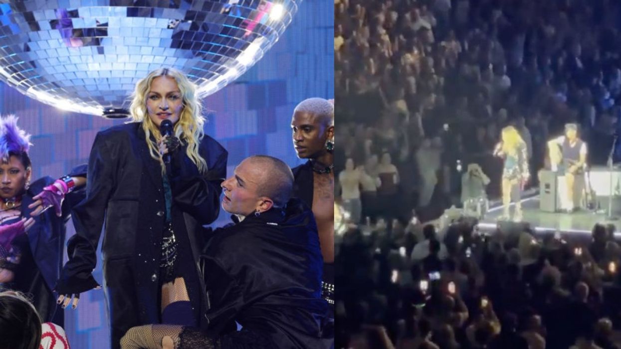 Split screen of a photo of a Madonna and her dancers and a screenshot of her calling out the fan from viral video