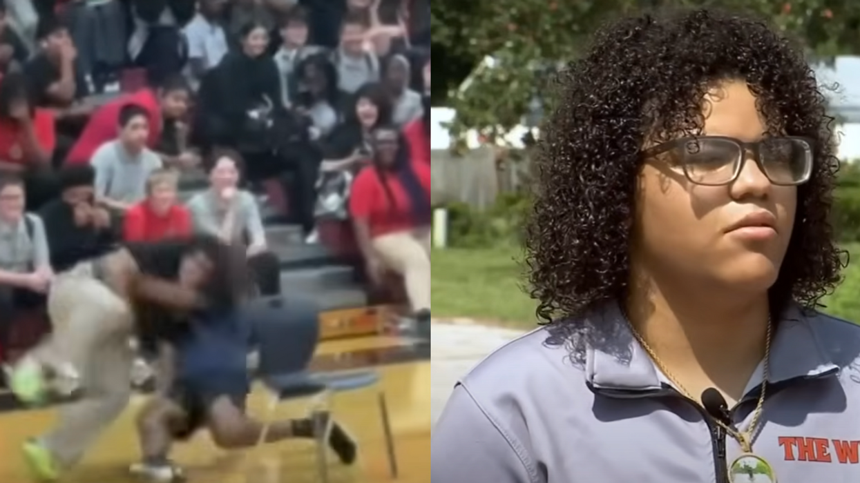 Split screen of a student getting body slammed by a teacher; the student