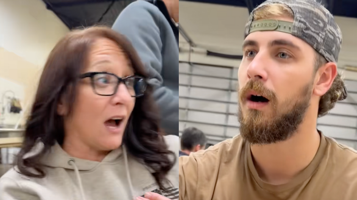 Split screen of a woman with a stern reaction and a man with a shocked expression.