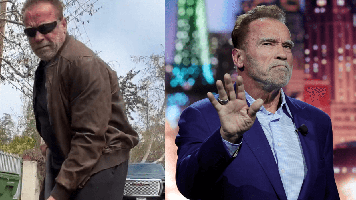 Split screen of Arnold Schwarzenegger patching pothole (L); Arnold Schwarzenegger at an event
