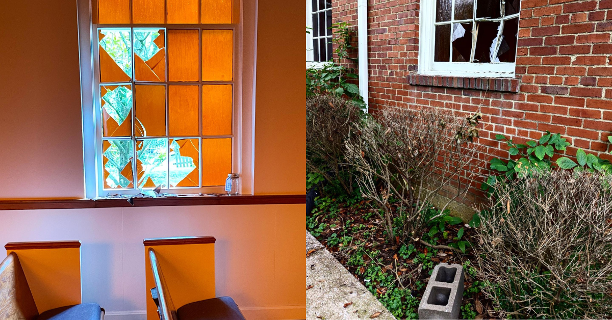 Split screen of broken window from inside the church (L) and broken with with cinder block from outside the church (R)