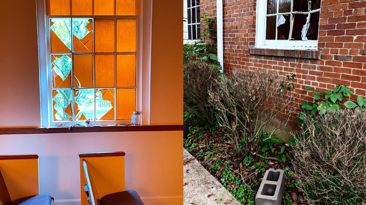Split screen of broken window from inside the church (L) and broken with with cinder block from outside the church (R)