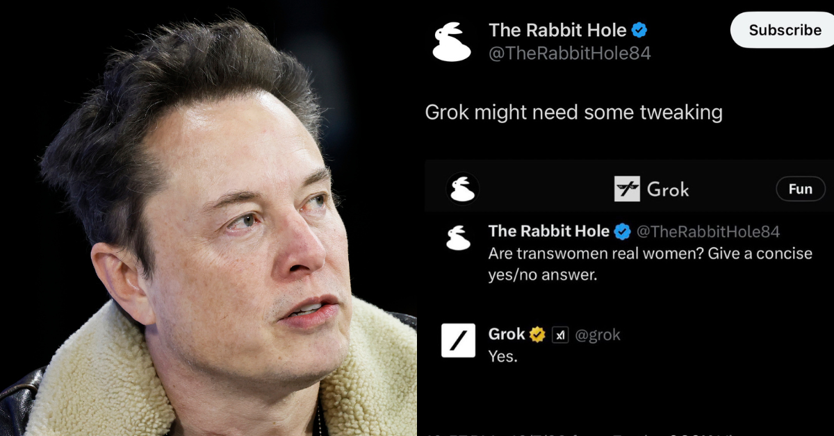 Split screen of Elon musk (L) and screenshot of @TheRabbitHole84/Twitter