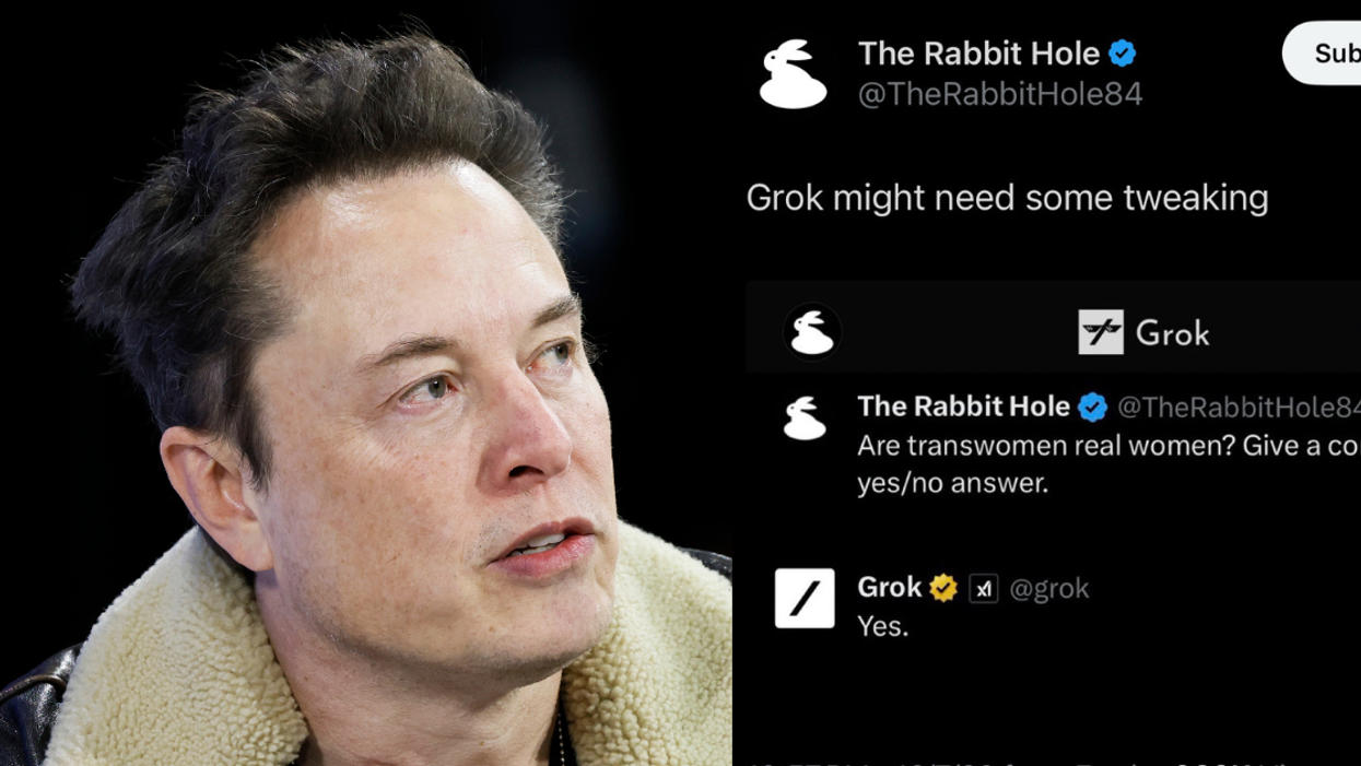 Split screen of Elon musk (L) and screenshot of @TheRabbitHole84/Twitter