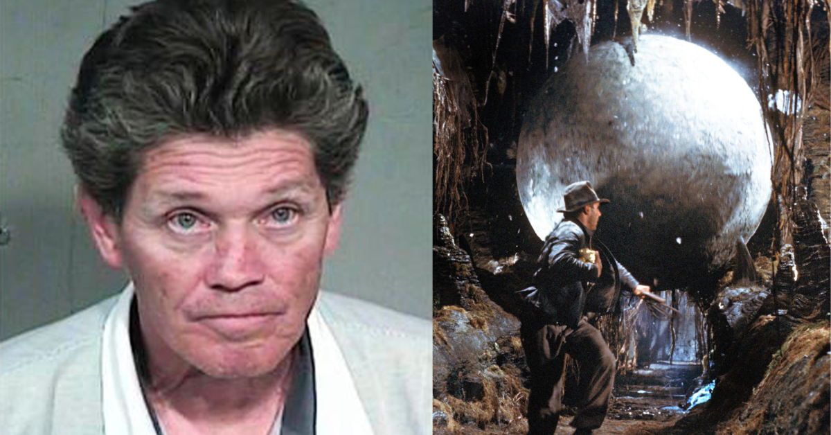 split screen of Gregory Rodvelt’s booking photo (L); Indiana Jones