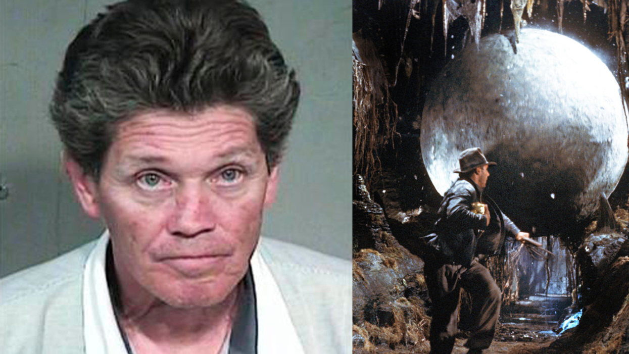 split screen of Gregory Rodvelt’s booking photo (L); Indiana Jones