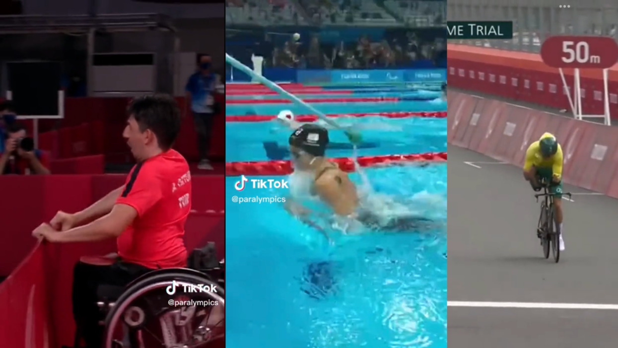 Split screen of Paralympians competing in table tennis, swimming, and cycling