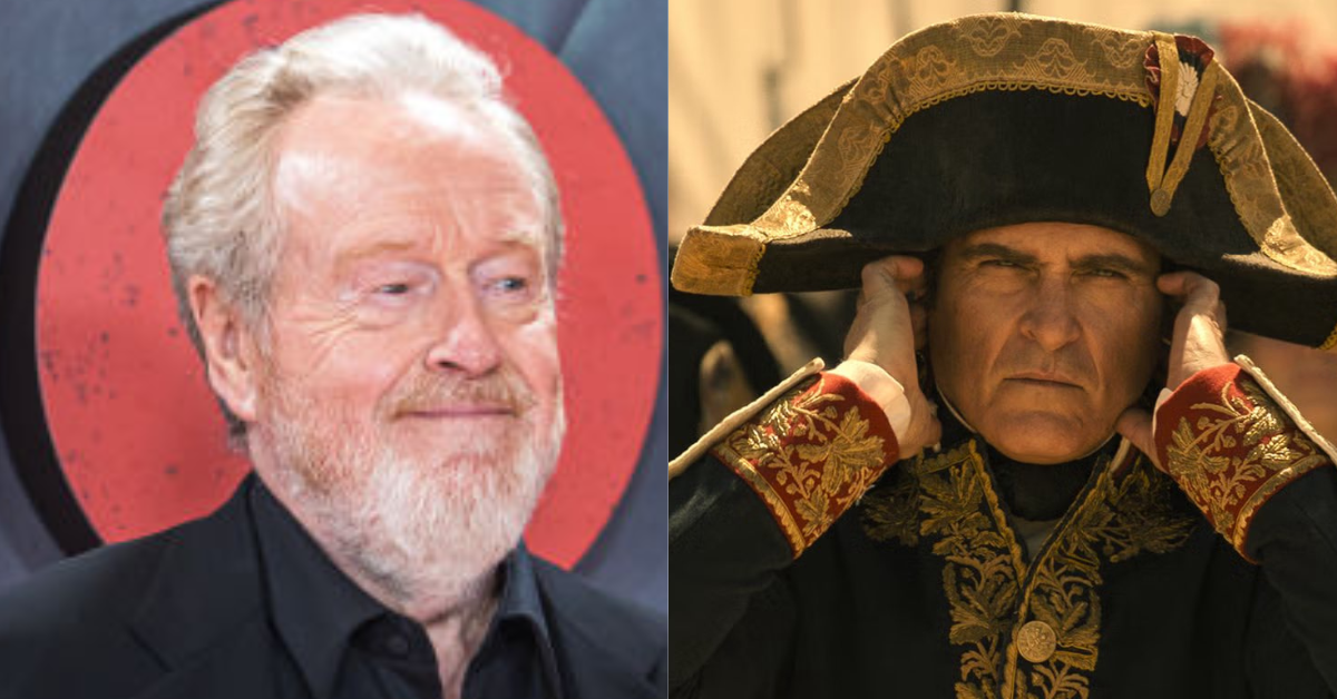 Split screen of Ridley Scott (L) and image from upcoming “Napoleon” film (R)