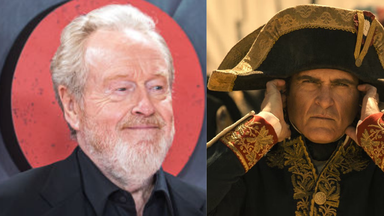 Split screen of Ridley Scott (L) and image from upcoming “Napoleon” film (R)