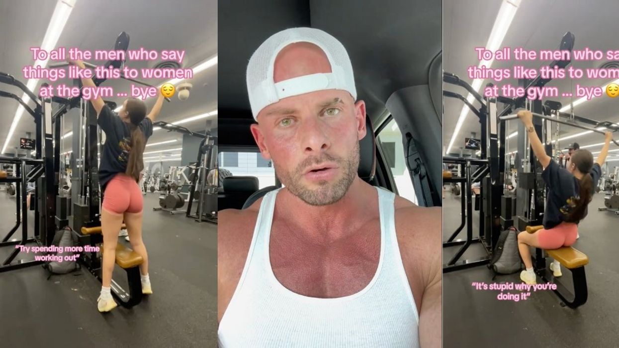 Split screen of screenshots from @emmysbakedbeans video and Joey Swoll's response video