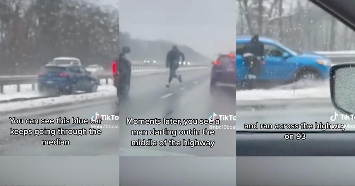 Split screen of screenshots from TikTok of Adolfo Molina running across interstate to help driver