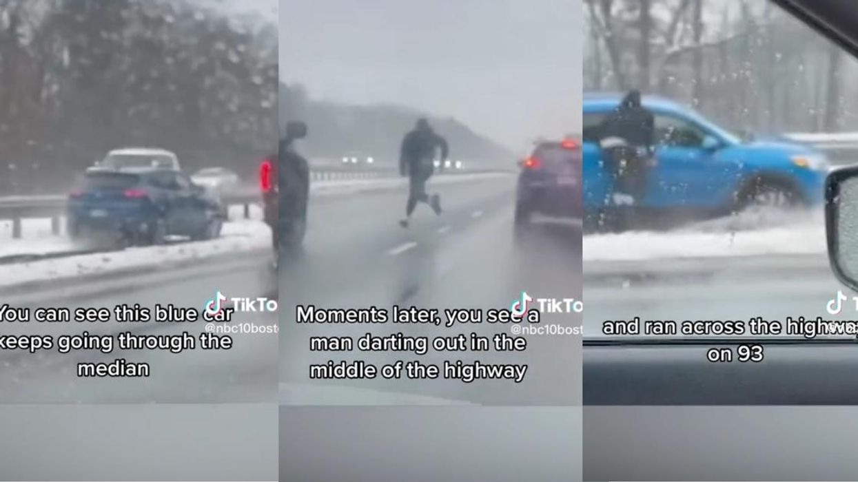 Split screen of screenshots from TikTok of Adolfo Molina running across interstate to help driver