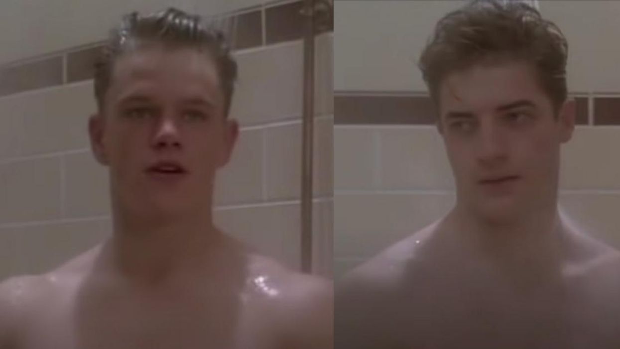Split screen of screenshots of Matt Damon and Brendan Frasier from 'School Ties' shower scene
