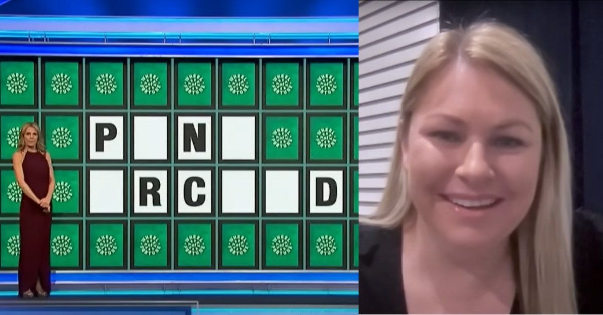 Split screen of the 'Wheel of Fortune' puzzle and Megan Carvale being interviewed on 'GMA'