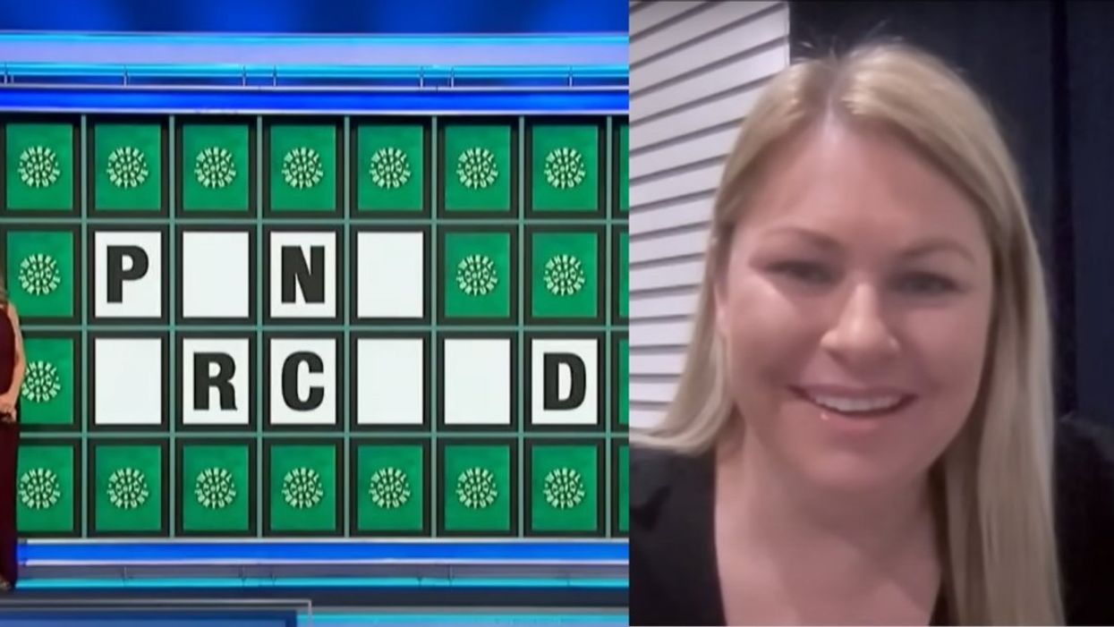 Split screen of the 'Wheel of Fortune' puzzle and Megan Carvale being interviewed on 'GMA'