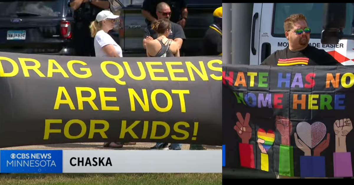 split screenshot of protesters holding sign reading “drag queens are not for kids!” (L), and counter protester holding sign reading “hate has no home here” (R)