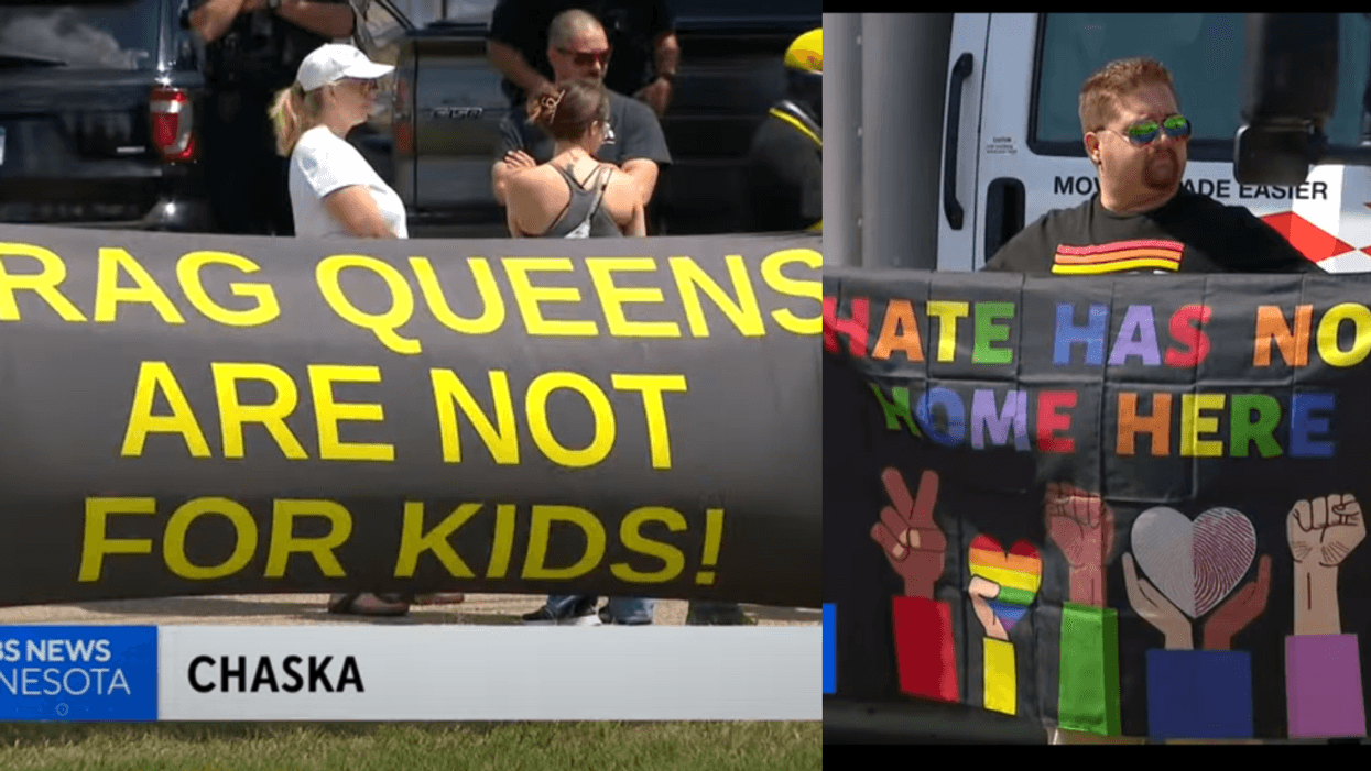 split screenshot of protesters holding sign reading “drag queens are not for kids!” (L), and counter protester holding sign reading “hate has no home here” (R)